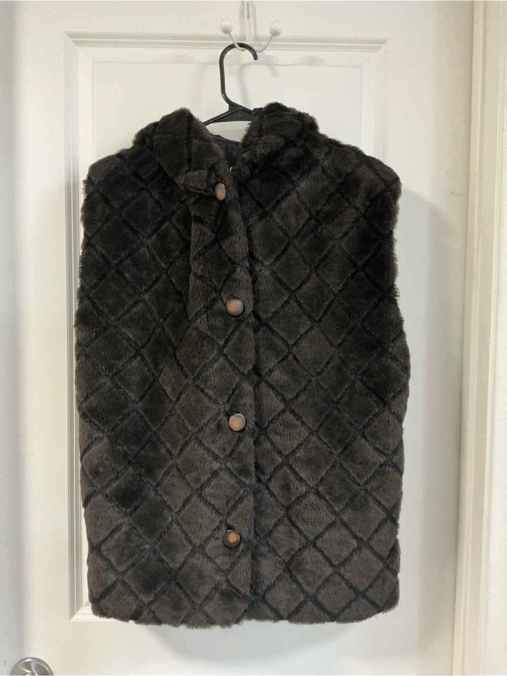 Not Fur Real by Duffel Faux Fur Quilted Vest Dark Brown USA Made Button S/M